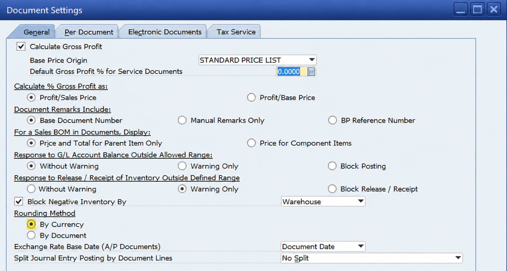 Document Settings General tab with Rounding Method