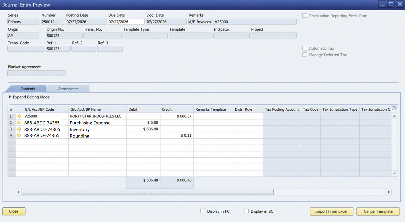 Journal entry showing rounding posted to the Rounding G/L Account